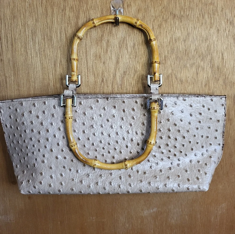 Maya Moon Handcrafted One-of-a-Kind Ostrich Handbag With Bamboo Handles. - Picture 3 of 16